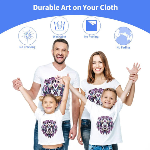 Family wearing T-shirts with vibrant prints using Direct To Film DTF Transfer Film Pack A4 50 Sheets 8.3 X 11.7 Inches Matte Clear PET