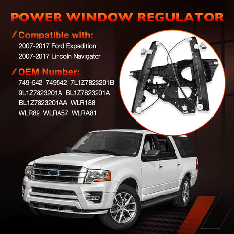 Front Left Driver Side Window Regulator With Panel Without Motor For Ford Expedition And Lincoln Navigator 2007 2017 OEM Replacement Parts 749-542 Direct Fit shown with Ford SUV