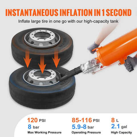 All Purpose Tire Seater And Inflator Tool 8 L Portable Air Blaster inflating large tire with 120 PSI max pressure.