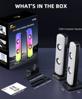 Unboxed Desktop Computer Speaker Set With 20W HiFi Stereo Sound For Gaming, Bluetooth, RGB lights, power adapter, and cables.
