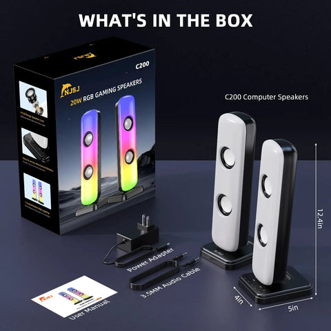 Unboxed Desktop Computer Speaker Set With 20W HiFi Stereo Sound For Gaming, Bluetooth, RGB lights, power adapter, and cables.