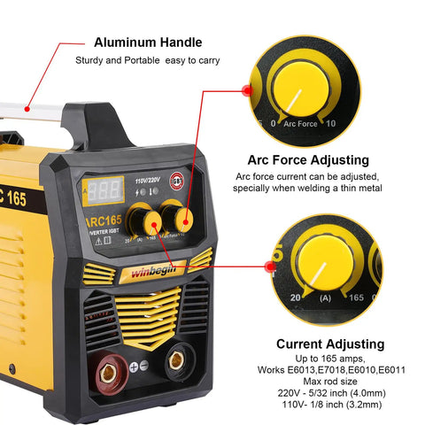 Dual Voltage Arc Welding Machine 100V To 240V With Digital Display 165A Max Heavy Duty Stick Welder front view with controls