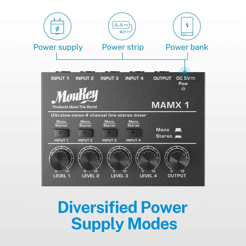 Gig Ready 4 Channel Stereo Audio Mixer USB Powered 5V Ultra Low Noise Submixing Console with power supply options displayed