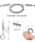 Stainless Steel Picture Hanging Wire Kit, 25Kg Load, 2 Pack, Adjustable 2M Wire Rope With D Ring shown with length and diameter.
