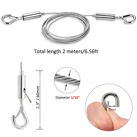 Stainless Steel Picture Hanging Wire Kit, 25Kg Load, 2 Pack, Adjustable 2M Wire Rope With D Ring shown with length and diameter.