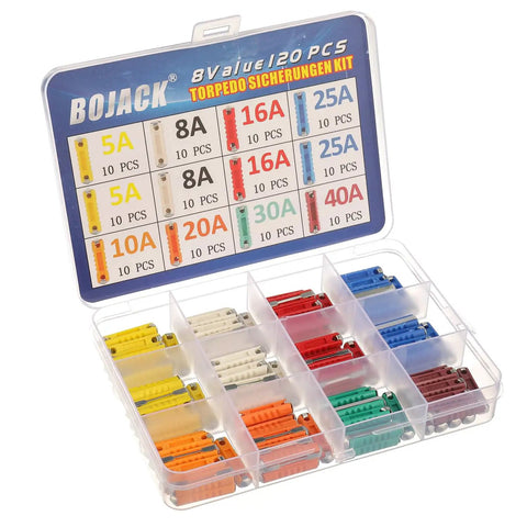 Full Throttle Torpedo Fuses Assortment With 120 Pieces For Classic Cruisers And Hot Rods Featuring 5A To 40A Amps Inside A Rugged Hard Case showing colorful fuses organized.