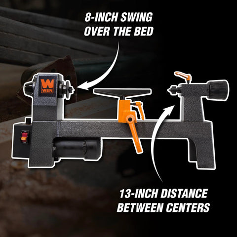 WEN mini benchtop wood lathe with 8-inch swing over the bed and 13-inch distance between centers.