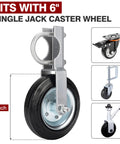Heavy Duty Jack Wheel Chock Reinforced Rubber Wheel Dock for 6 Inch Jockey Wheels displayed alongside caster wheel setup.