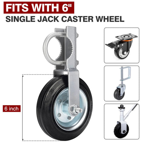 Heavy Duty Jack Wheel Chock Reinforced Rubber Wheel Dock for 6 Inch Jockey Wheels displayed alongside caster wheel setup.