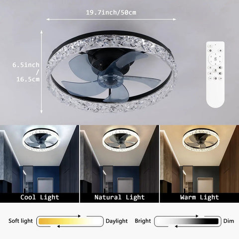 Modern 18 Inch Ceiling Fan With Lights And Remote, Bladeless Design, Black Finish, Adjustable LED Color Temp Displayed