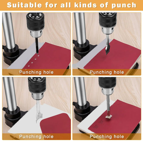 All-In-One Leather Hole Punch Tool For DIY Crafting punching holes in red leather, close-up of tool in use