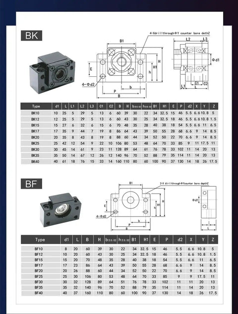 SFU1605 Ball Screw With SBR16LUU Linear Guide Rail Set For CNC Machines, Precision Linear Motion Components For DIY Automation And Robotics, 550mm Length, C7 Accuracy, Smooth Sliding Performance BK and BF bearing block dimensions chart