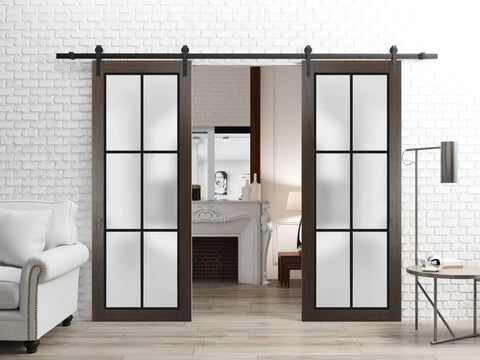 Sturdy Double Barn Door With Frosted Glass 84 By 96 Inches Black Rail Chocolate Ash Finish Built To Last Heavy Duty 13 Foot Sliding Rail Kit Modern Solid Panel Interior Door Set With Floor Guide And Hardware