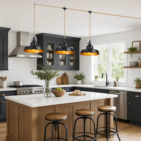 AMRUIPO 22FT Plug in Pendant Light Farmhouse Hanging Lamp Fixtures in a modern kitchen with island and stools.
