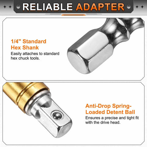 Six-Piece Impact Driver Socket Adapter Extension Set, One Quarter Inch Square Drive To One Quarter Inch Hex Shank, DIY Friendly