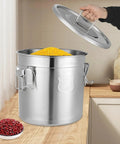 Heavy Duty 304 Stainless Steel Airtight Food Storage Canister With Snap Tight Buckle Closure Perfect For Rice Flour Grains And Coffee Beans Massive Twenty Six Gallon Bucket on kitchen counter with yellow lentils inside.