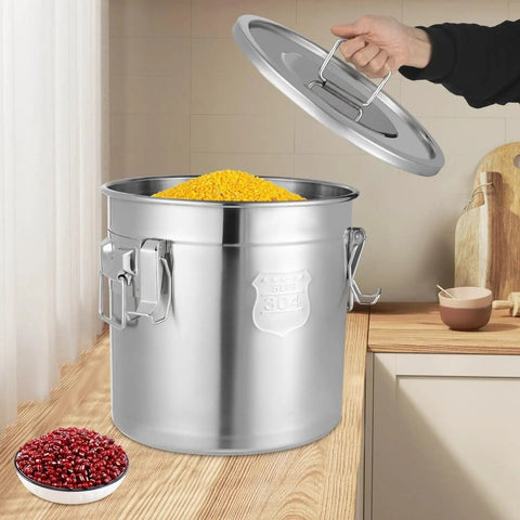 Heavy Duty 304 Stainless Steel Airtight Food Storage Canister With Snap Tight Buckle Closure Perfect For Rice Flour Grains And Coffee Beans Massive Twenty Six Gallon Bucket on kitchen counter with yellow lentils inside.