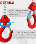 FITHOIST manual lever chain hoist with red alloy steel hooks, 360° rotating hook, two hooks visible