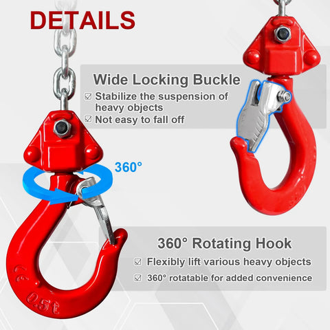 FITHOIST manual lever chain hoist with red alloy steel hooks, 360° rotating hook, two hooks visible