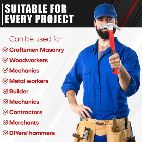 Man in blue uniform holding the Workhorse Hammer Set With Magnetic Nail Starter and Two Claw Hammers