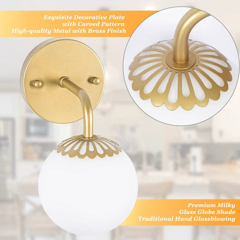 Gold Wall Sconces Set of Two With White Glass Globes Mid Century Brass Look Wall Lamps for Bedroom and Bathroom Vanity