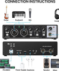 Connection diagram for 2x2 USB Audio Interface For Recording Music, 24 Bit 192 KHz, showing guitar, mic, PC, and other devices.