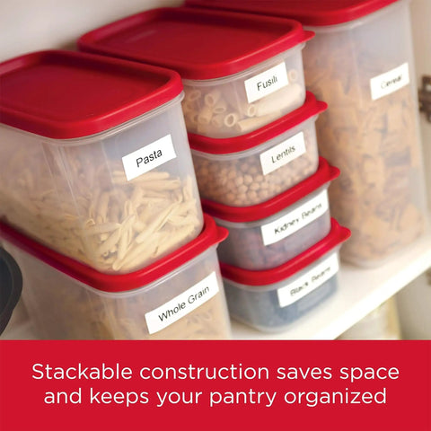 Stacked Premium Modular Food Lids For Airtight See-Through Storage Containers holding pasta and grains with clear bases and red lids.
