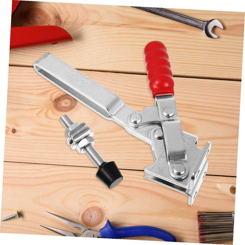 Fixed Toggle Clamp Set With Rubber Tips, Quick Release Woodworking Hold Downs For Workshop Workholding And Welding Fixtures, Iron Construction, Durable 2 Pack For Precise Fastening, Jig Alignment, And Reusable Clamping Power on wooden surface.