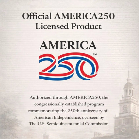 Official AMERICA250 Licensed Product logo with red, white, and blue design commemorating the 250th anniversary of American Independence.