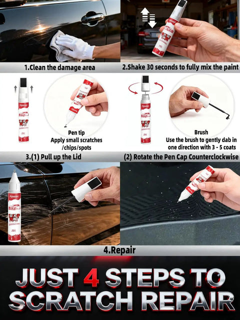 GMC White Frost Tricoat Touch Up Paint Pen Two In One Scratch Repair For Vehicles shown in use step-by-step guide