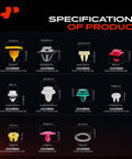 Specifications of Heavy Duty 230 Piece Retainer Clip Kit Push Pin Fasteners detailing sizes and types for Kia Sorento clips.