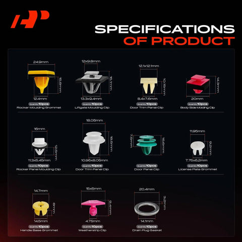 Specifications of Heavy Duty 230 Piece Retainer Clip Kit Push Pin Fasteners detailing sizes and types for Kia Sorento clips.