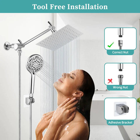 High Pressure Rain Shower Head With Handheld And 9 Settings, 8 Inch Rainfall Shower Head, adjustable height and chrome finish