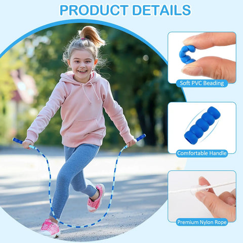 Girl using adjustable jump rope for kids and teens, tangle free beaded skipping rope, 100-110 inch length in blue and pink, great for cardio.