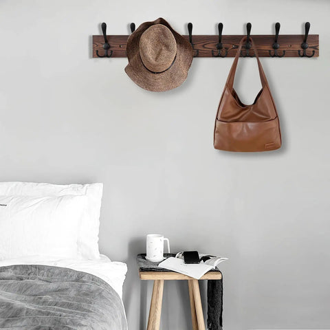 32.2 Inch Wall Mount Coat Rack With Eight Metal Hooks Built To Last, Rustic Brown Pine Wood Plank Hat Rack For Coats, Jackets, Hats And Bags