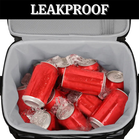 Open Grey Textured Insulated Picnic Backpack with red cans and ice, showcasing leakproof cooler, ideal for women and men