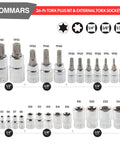 60 Piece Master Torx Bit Socket Set for Everyday Pro Jobs, One Quarter Inch Three Eighths Inch and One Half Inch Drive, S2 Steel Bits and Chrome Vanadium Sockets displayed in storage case.