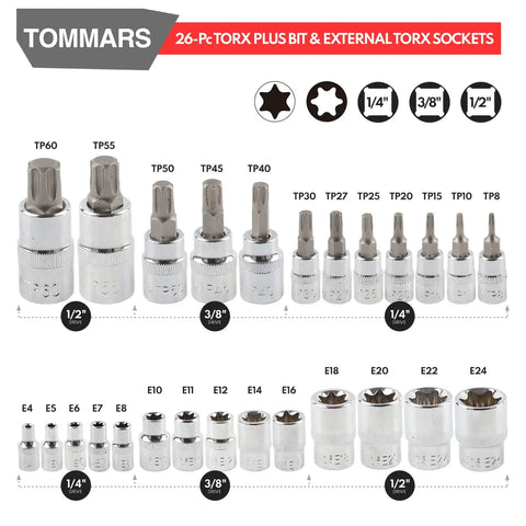 60 Piece Master Torx Bit Socket Set for Everyday Pro Jobs, One Quarter Inch Three Eighths Inch and One Half Inch Drive, S2 Steel Bits and Chrome Vanadium Sockets displayed in storage case.