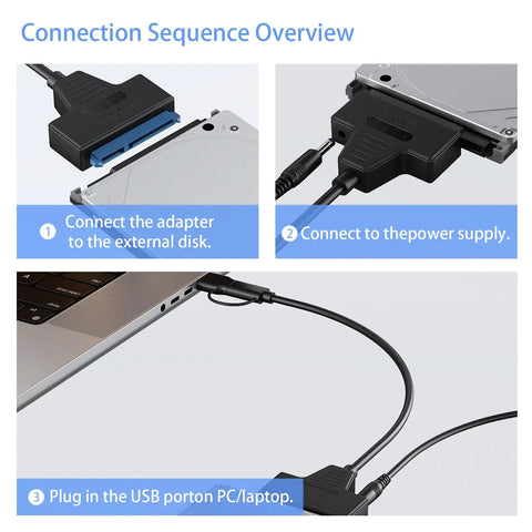 Fast SATA To USB 3.0 And USB C External Drive Adapter For 3.5 And 2.5 Inch SSD HDD Reader With Plug And Play Data Transfer And 12V 2A Power Adapter For Easy Backup And On The Go Recovery shown connecting HDD, power, and laptop