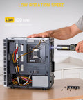 High Performance Pivot Handle Electric Screwdriver Featuring Live Torque Display And Eight Adjustable Settings For Hustle Ready Tech Repairs and Smooth Jobs in use on a PC case.