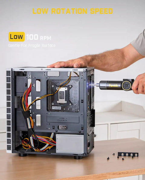 High Performance Pivot Handle Electric Screwdriver Featuring Live Torque Display And Eight Adjustable Settings For Hustle Ready Tech Repairs and Smooth Jobs in use on a PC case.