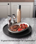 Real Deal Bamboo Lazy Susan Organizer For Kitchen Cabinet Super Slick Rotating Swivel Tray Large Black Turntable with food and spices.