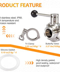 Pindex 2-pack 1.5in heavy-duty butterfly valves with pull handles; four 1.5in tri-clamp fittings with silicone gaskets, 304SS