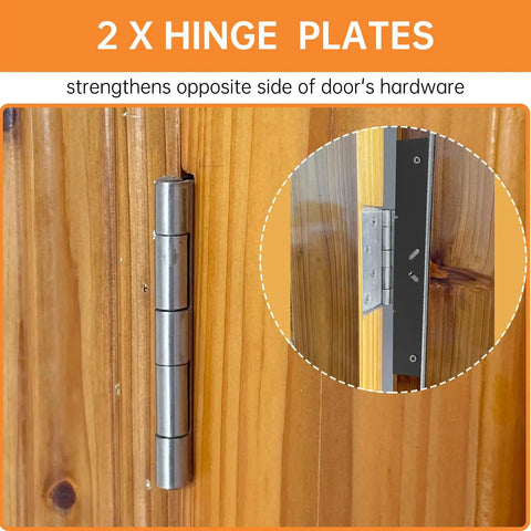 Two hinge plates from the Built Like A Tank Five Piece Door Reinforcement Kit For Jamb And Frame With Hinge Guard Security Latch Stopper.