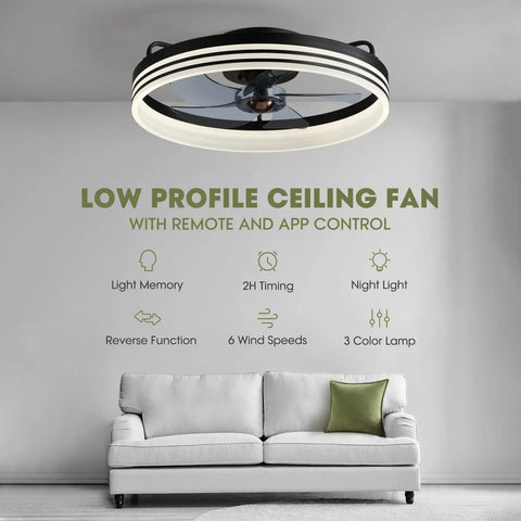 Ceiling Fan With Light 20 Inch Black Flush Mount Low Profile With 6 Speeds Dimmable LED Light Timing Reversible Wind Smart Fan