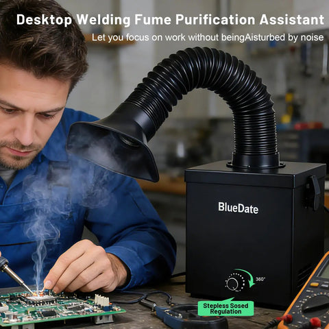 Man using DC Brushless Solder Fume Extractor with Strong Suction, Low Noise, H13 HEPA Filter for safe smoke removal during soldering.