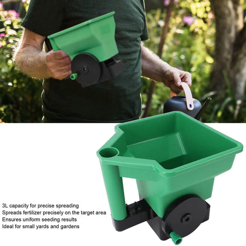 3L Handheld Lawn And Garden Spreader For Easy Seeding And Fertilizing Lightweight Seed And Fertilizer Spreader Tool held by person