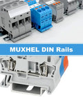 20 Pack 13 Inch Aluminum DIN Rails For Electrical Panels 35mm Wide By 7.5mm High Slotted Carrier showing industrial use