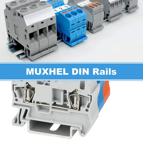 20 Pack 13 Inch Aluminum DIN Rails For Electrical Panels 35mm Wide By 7.5mm High Slotted Carrier showing industrial use