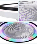 19 Inch Enclosed Bladeless Flush Mount Ceiling Fan with RGB Dimmable Light showcasing dual lighting and decorative RGB.